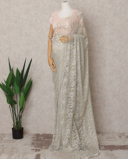 Ivory Premium French Metallic Chantilly Lace Saree Fabric with Stone Work – 5.5 Meters Length & 110 Cms Width – Imported from France-D22930