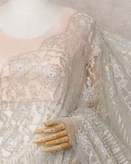 Ivory Premium French Metallic Chantilly Lace Saree Fabric with Stone Work – 5.5 Meters Length & 110 Cms Width – Imported from France-D22930