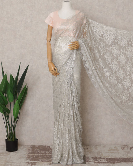 Off White Premium French Metallic Chantilly Lace Saree Fabric with Stone Work – 5.5 Meters Length & 110 Cms Width – Imported from France-D22932