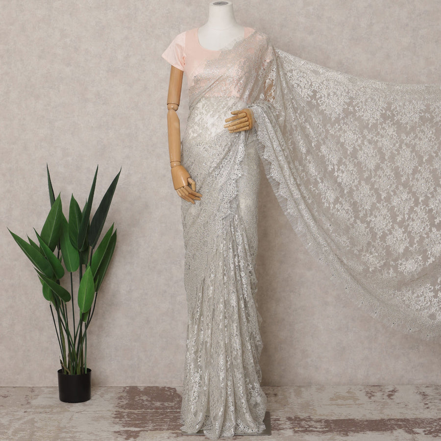 Off White Premium French Metallic Chantilly Lace Saree Fabric with Stone Work – 5.5 Meters Length & 110 Cms Width – Imported from France-D22932