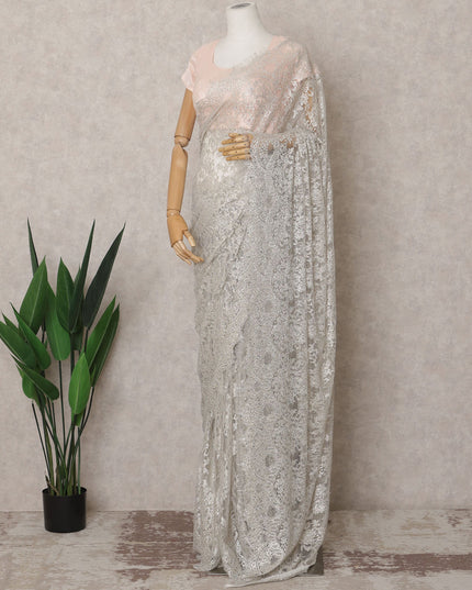 Off White Premium French Metallic Chantilly Lace Saree Fabric with Stone Work – 5.5 Meters Length & 110 Cms Width – Imported from France-D22932