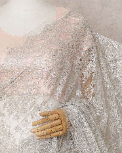 Off White Premium French Metallic Chantilly Lace Saree Fabric with Stone Work – 5.5 Meters Length & 110 Cms Width – Imported from France-D22932