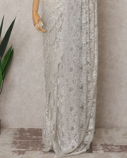 Off White Premium French Metallic Chantilly Lace Saree Fabric with Stone Work – 5.5 Meters Length & 110 Cms Width – Imported from France-D22932