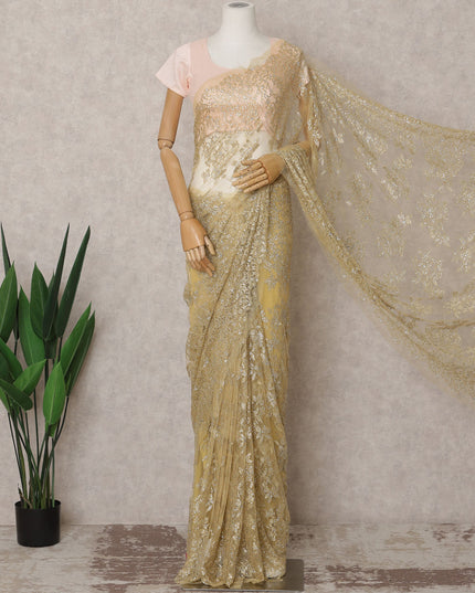 ساري فرنسي فاخر من قماش الشانتيلي المعدني بلون الشمبانيا الذهبي مع تطريز حجري - طول 5.5 متر وعرض 110 سم - مستورد من فرنسا - D22933