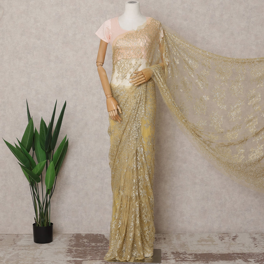 ساري فرنسي فاخر من قماش الشانتيلي المعدني بلون الشمبانيا الذهبي مع تطريز حجري - طول 5.5 متر وعرض 110 سم - مستورد من فرنسا - D22933