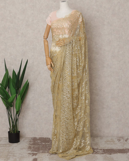 ساري فرنسي فاخر من قماش الشانتيلي المعدني بلون الشمبانيا الذهبي مع تطريز حجري - طول 5.5 متر وعرض 110 سم - مستورد من فرنسا - D22933
