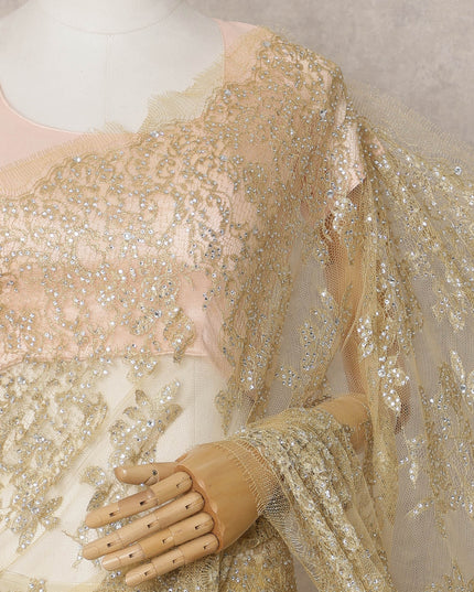 ساري فرنسي فاخر من قماش الشانتيلي المعدني بلون الشمبانيا الذهبي مع تطريز حجري - طول 5.5 متر وعرض 110 سم - مستورد من فرنسا - D22933