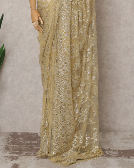 ساري فرنسي فاخر من قماش الشانتيلي المعدني بلون الشمبانيا الذهبي مع تطريز حجري - طول 5.5 متر وعرض 110 سم - مستورد من فرنسا - D22933