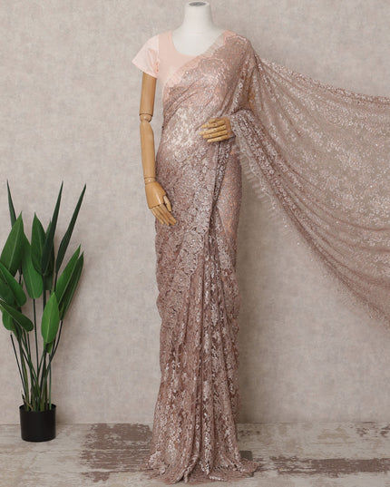 Rose Gold Premium French Metallic Chantilly Lace Saree Fabric with Stone Work – 5.5 Meters Length & 110 Cms Width – Imported from France-D22934