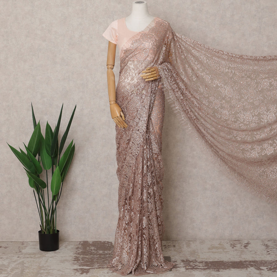 Rose Gold Premium French Metallic Chantilly Lace Saree Fabric with Stone Work – 5.5 Meters Length & 110 Cms Width – Imported from France-D22934