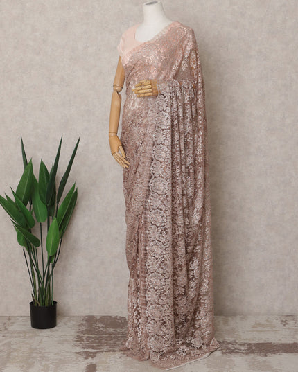 Rose Gold Premium French Metallic Chantilly Lace Saree Fabric with Stone Work – 5.5 Meters Length & 110 Cms Width – Imported from France-D22934