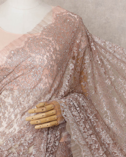 Rose Gold Premium French Metallic Chantilly Lace Saree Fabric with Stone Work – 5.5 Meters Length & 110 Cms Width – Imported from France-D22934