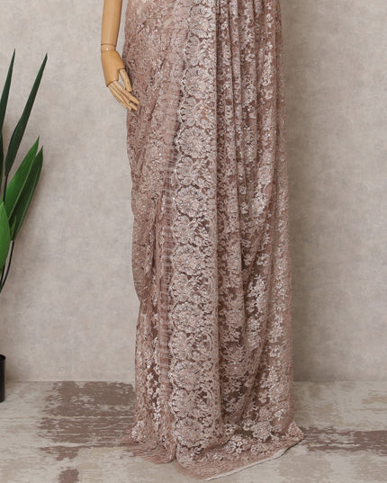 Rose Gold Premium French Metallic Chantilly Lace Saree Fabric with Stone Work – 5.5 Meters Length & 110 Cms Width – Imported from France-D22934