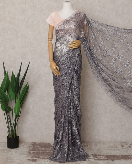 Blue Premium French Metallic Chantilly Lace Saree Fabric with Stone Work – 5.5 Meters Length & 110 Cms Width – Imported from France-D22935