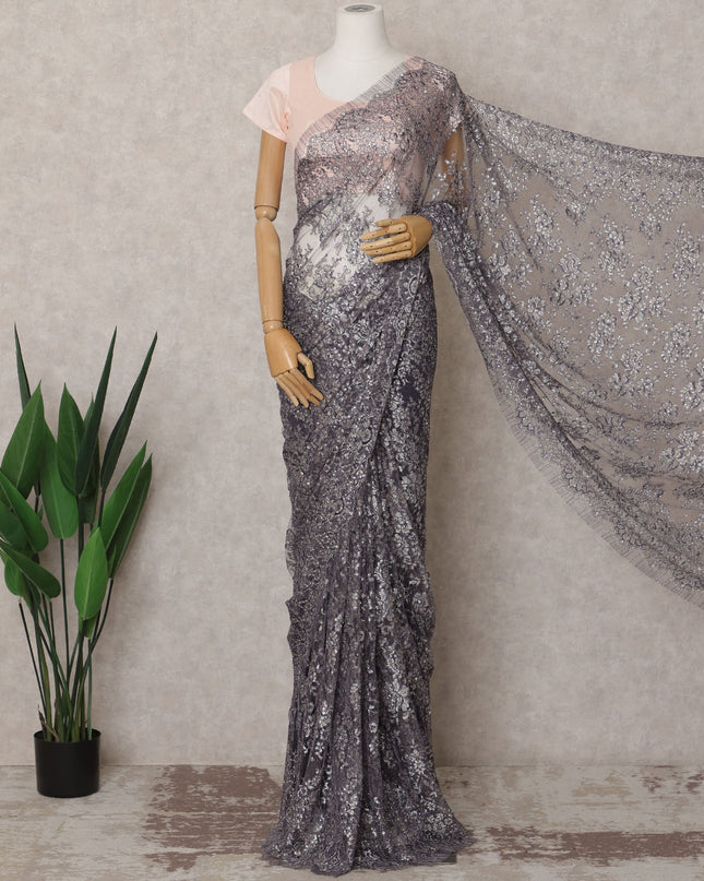 Blue Premium French Metallic Chantilly Lace Saree Fabric with Stone Work – 5.5 Meters Length & 110 Cms Width – Imported from France-D22935