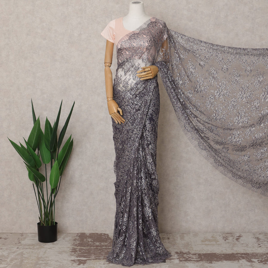Blue Premium French Metallic Chantilly Lace Saree Fabric with Stone Work – 5.5 Meters Length & 110 Cms Width – Imported from France-D22935