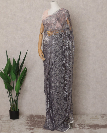 Blue Premium French Metallic Chantilly Lace Saree Fabric with Stone Work – 5.5 Meters Length & 110 Cms Width – Imported from France-D22935