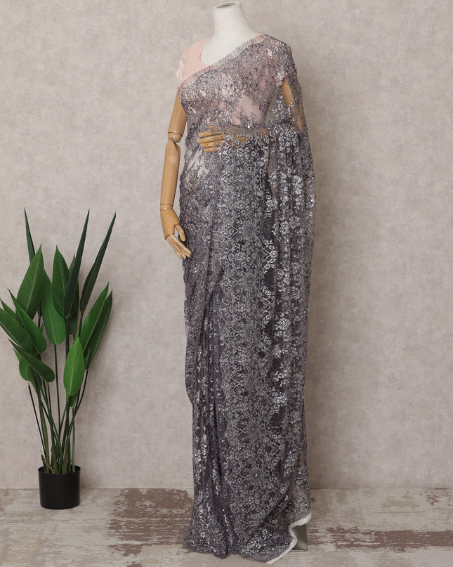 Blue Premium French Metallic Chantilly Lace Saree Fabric with Stone Work – 5.5 Meters Length & 110 Cms Width – Imported from France-D22935