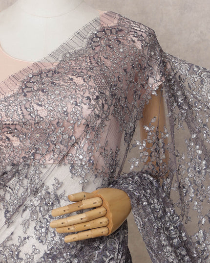 Blue Premium French Metallic Chantilly Lace Saree Fabric with Stone Work – 5.5 Meters Length & 110 Cms Width – Imported from France-D22935