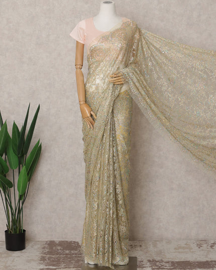 قماش ساري فرنسي فاخر من الدانتيل الشانتيلي المعدني باللون الذهبي اللامع مع تطريز حجري - طول 5.5 متر وعرض 110 سم - مستورد من فرنسا - D22936