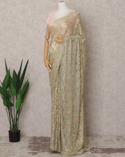 قماش ساري فرنسي فاخر من الدانتيل الشانتيلي المعدني باللون الذهبي اللامع مع تطريز حجري - طول 5.5 متر وعرض 110 سم - مستورد من فرنسا - D22936