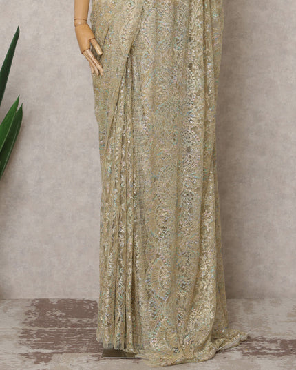 قماش ساري فرنسي فاخر من الدانتيل الشانتيلي المعدني باللون الذهبي اللامع مع تطريز حجري - طول 5.5 متر وعرض 110 سم - مستورد من فرنسا - D22936