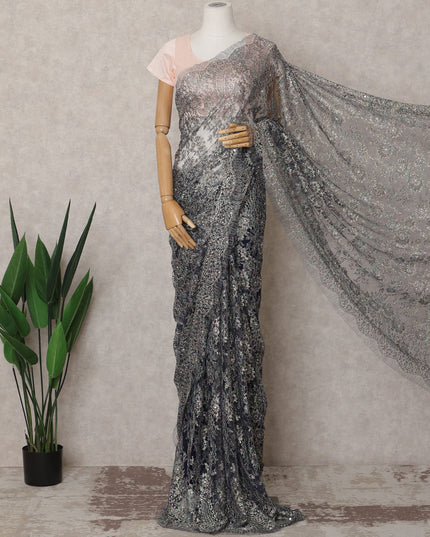 Midnight Blue Premium French Metallic Chantilly Lace Saree Fabric with Stone Work – 5.5 Meters Length & 110 Cms Width – Imported from France-D22937 - Regal Fabrics