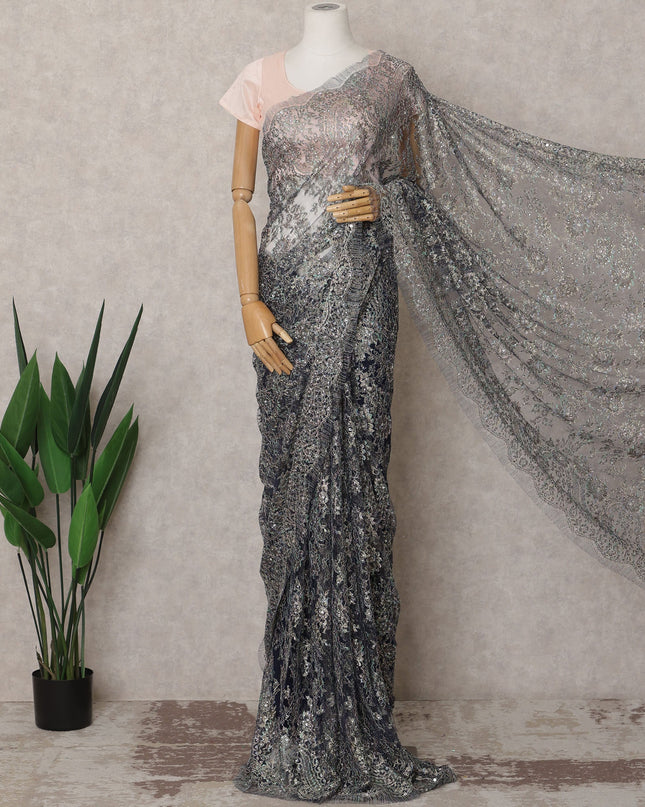 Midnight Blue Premium French Metallic Chantilly Lace Saree Fabric with Stone Work – 5.5 Meters Length & 110 Cms Width – Imported from France-D22937 - Regal Fabrics