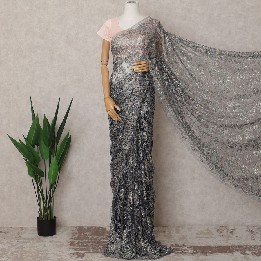 Midnight Blue Premium French Metallic Chantilly Lace Saree Fabric with Stone Work – 5.5 Meters Length & 110 Cms Width – Imported from France-D22937 - Regal Fabrics