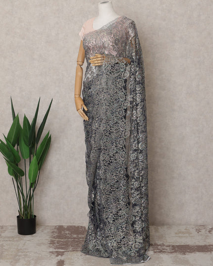 Midnight Blue Premium French Metallic Chantilly Lace Saree Fabric with Stone Work – 5.5 Meters Length & 110 Cms Width – Imported from France-D22937 - Regal Fabrics