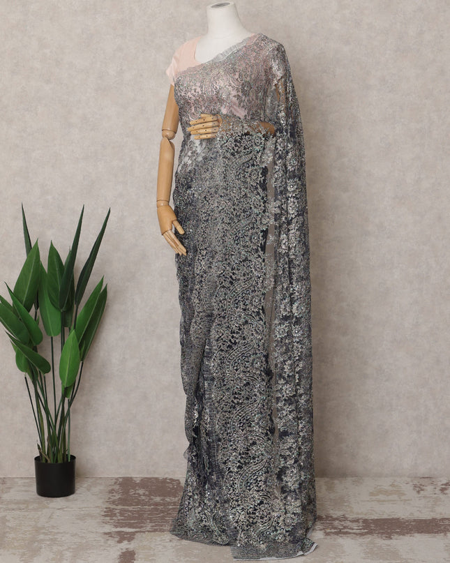 Midnight Blue Premium French Metallic Chantilly Lace Saree Fabric with Stone Work – 5.5 Meters Length & 110 Cms Width – Imported from France-D22937 - Regal Fabrics