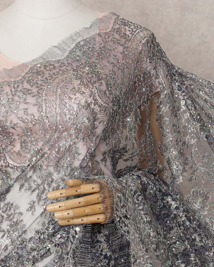Midnight Blue Premium French Metallic Chantilly Lace Saree Fabric with Stone Work – 5.5 Meters Length & 110 Cms Width – Imported from France-D22937 - Regal Fabrics