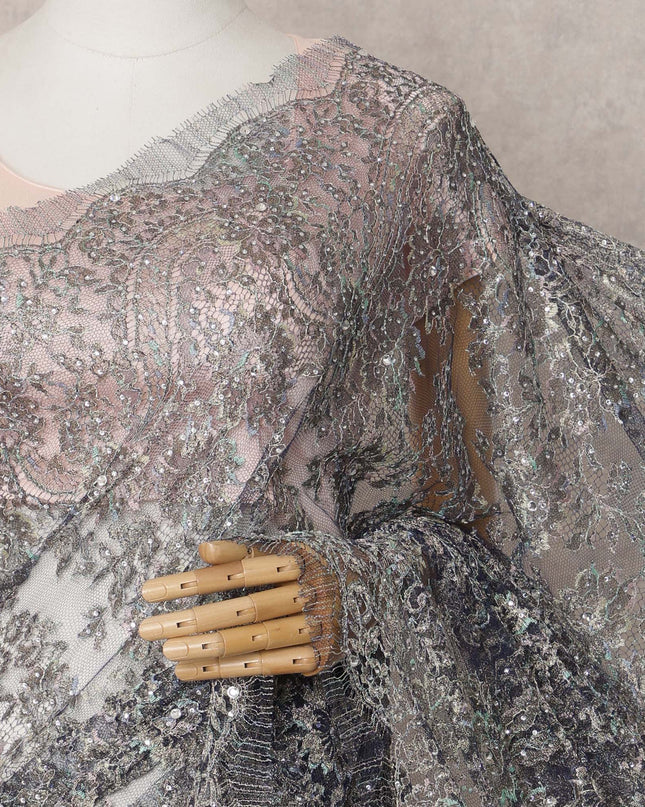 Midnight Blue Premium French Metallic Chantilly Lace Saree Fabric with Stone Work – 5.5 Meters Length & 110 Cms Width – Imported from France-D22937 - Regal Fabrics