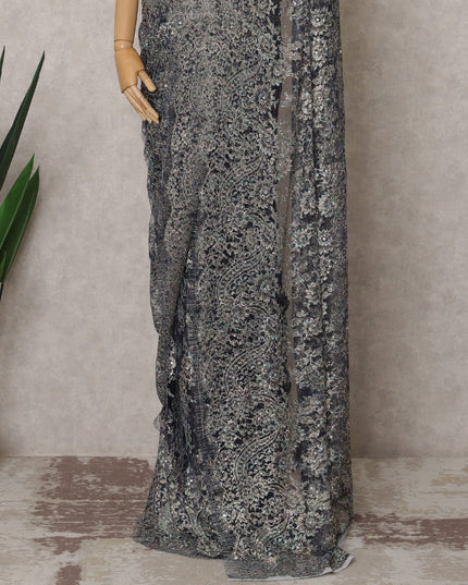 Midnight Blue Premium French Metallic Chantilly Lace Saree Fabric with Stone Work – 5.5 Meters Length & 110 Cms Width – Imported from France-D22937 - Regal Fabrics