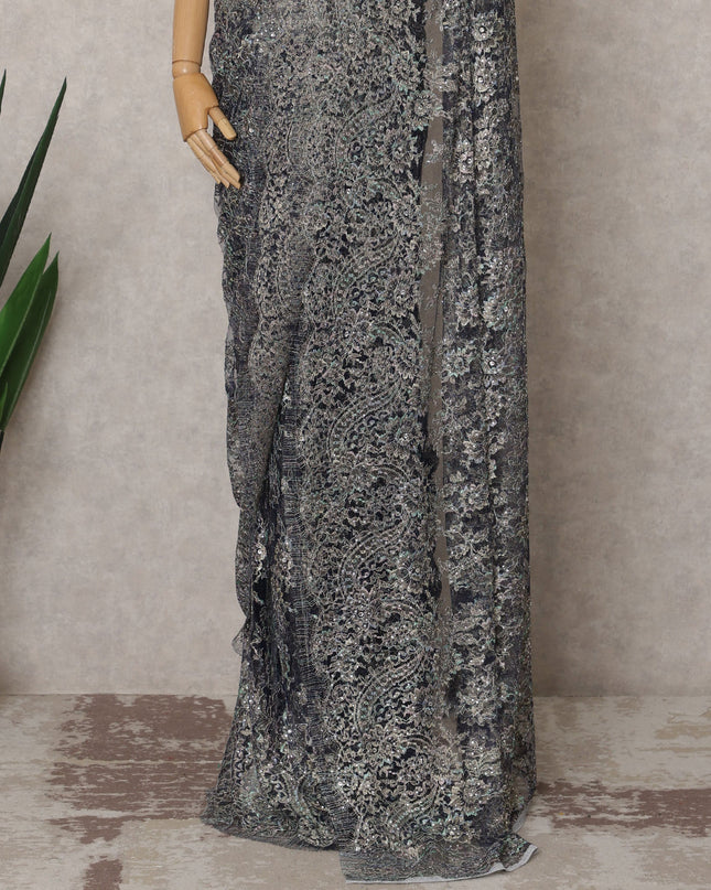 Midnight Blue Premium French Metallic Chantilly Lace Saree Fabric with Stone Work – 5.5 Meters Length & 110 Cms Width – Imported from France-D22937 - Regal Fabrics