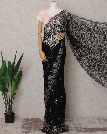 Black Premium French Chantilly Lace Saree Fabric with Stone Work – 5.5 Meters Length & 110 Cms Width – Imported from France-D22938
