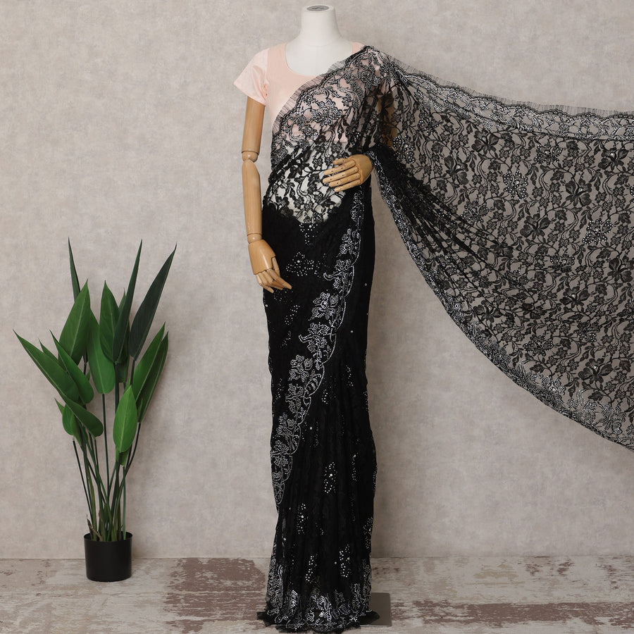Black Premium French Chantilly Lace Saree Fabric with Stone Work – 5.5 Meters Length & 110 Cms Width – Imported from France-D22938