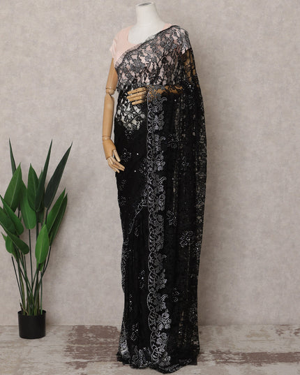 Black Premium French Chantilly Lace Saree Fabric with Stone Work – 5.5 Meters Length & 110 Cms Width – Imported from France-D22938