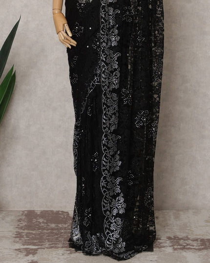 Black Premium French Chantilly Lace Saree Fabric with Stone Work – 5.5 Meters Length & 110 Cms Width – Imported from France-D22938