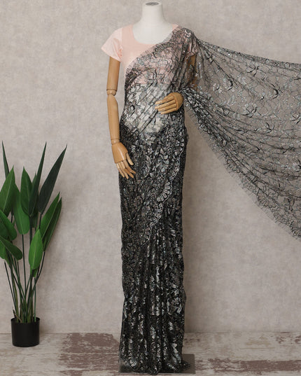 Gunmetal Black Premium French Chantilly Lace Saree Fabric with Stone Work – 5.5 Meters Length & 110 Cms Width – Imported from France-D22939