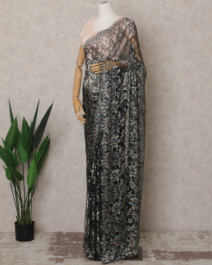 Gunmetal Black Premium French Chantilly Lace Saree Fabric with Stone Work – 5.5 Meters Length & 110 Cms Width – Imported from France-D22939