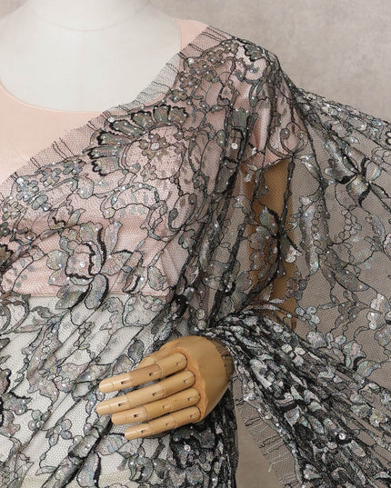 Gunmetal Black Premium French Chantilly Lace Saree Fabric with Stone Work – 5.5 Meters Length & 110 Cms Width – Imported from France-D22939