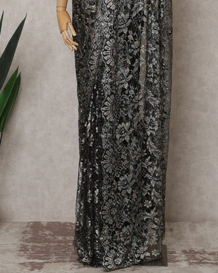 Gunmetal Black Premium French Chantilly Lace Saree Fabric with Stone Work – 5.5 Meters Length & 110 Cms Width – Imported from France-D22939