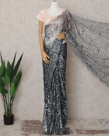 Ink Blue Premium French Chantilly Lace Saree Fabric with Stone Work – 5.5 Meters Length & 110 Cms Width – Imported from France-D22940