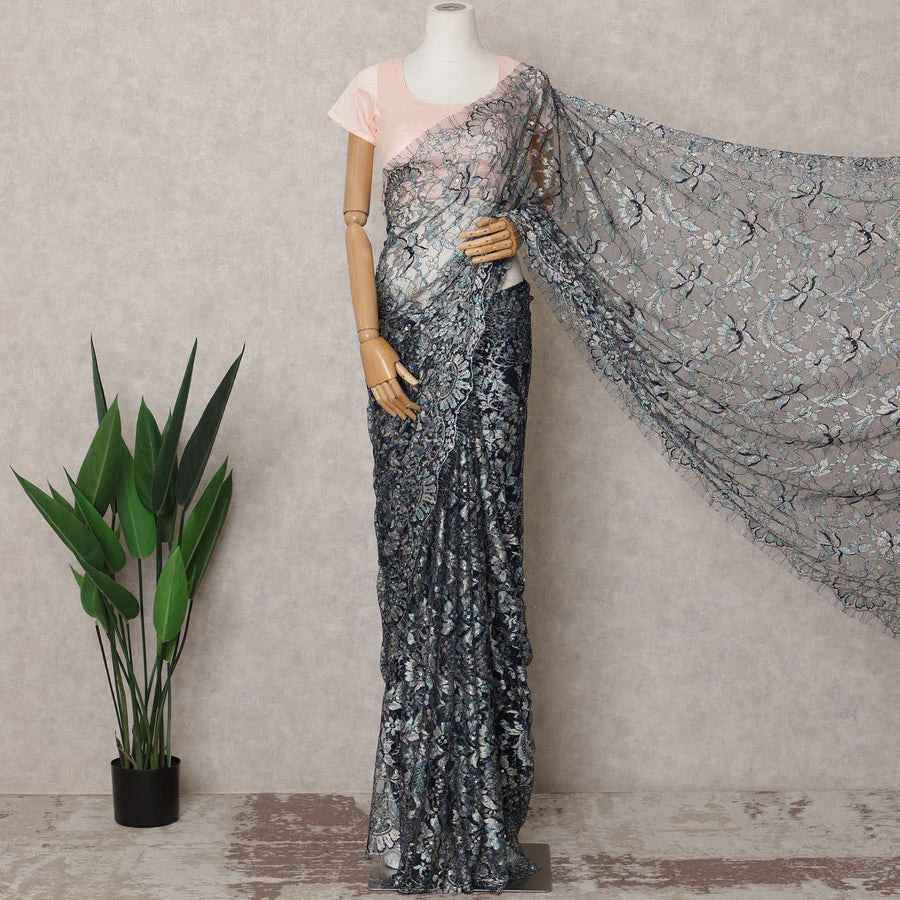 Ink Blue Premium French Chantilly Lace Saree Fabric with Stone Work – 5.5 Meters Length & 110 Cms Width – Imported from France-D22940