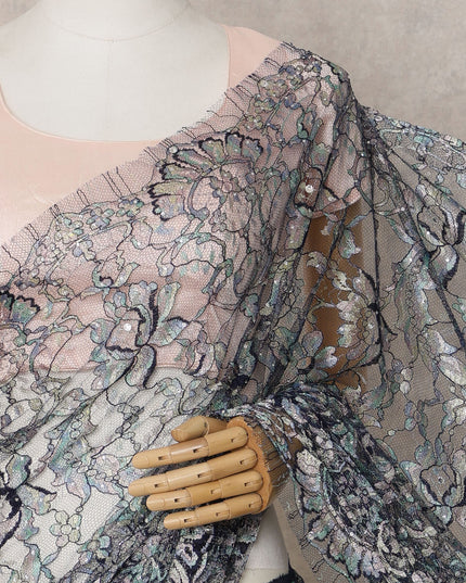 Ink Blue Premium French Chantilly Lace Saree Fabric with Stone Work – 5.5 Meters Length & 110 Cms Width – Imported from France-D22940