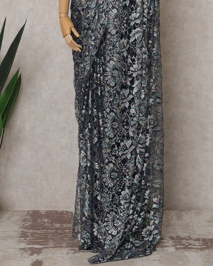 Ink Blue Premium French Chantilly Lace Saree Fabric with Stone Work – 5.5 Meters Length & 110 Cms Width – Imported from France-D22940