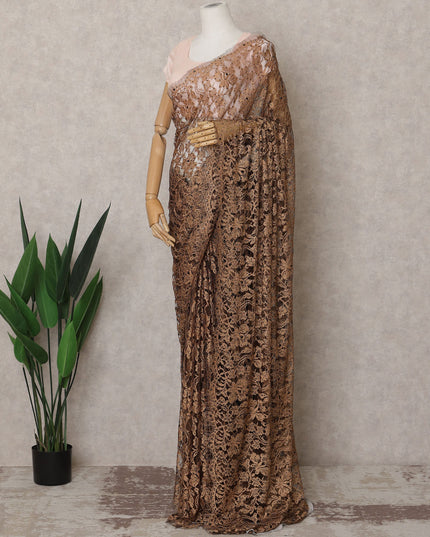 Brown Premium French 2-Tone Chantilly Lace Saree Fabric with Stone Work – 5.5 Meters Length & 110 Cms Width – Imported from France-D22943