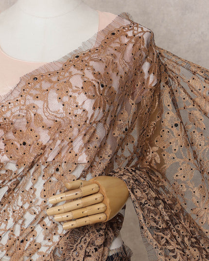 Brown Premium French 2-Tone Chantilly Lace Saree Fabric with Stone Work – 5.5 Meters Length & 110 Cms Width – Imported from France-D22943