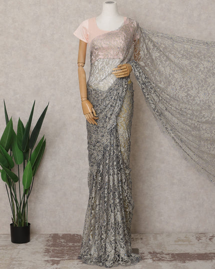 ساري فرنسي فاخر من قماش دانتيل شانتيلي ثنائي اللون باللون الأزرق الذهبي الباهت مع تطريز حجري - طول 5.5 متر وعرض 110 سم - مستورد من فرنسا - D22944